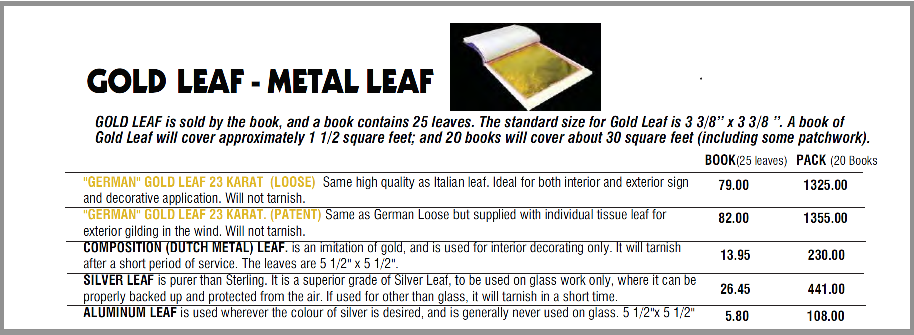 Gold leaf descrip. and prices - Gold Leaf Supplies