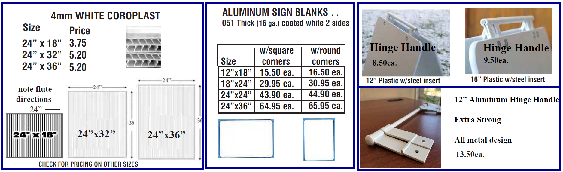 sign blanks and hinge handles apr 2023 - Sign Blanks -  "Coroplast" -  Hinge Handle  - Aluminum Blanks
