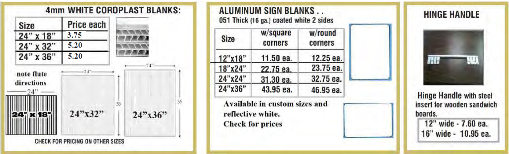 sign blanks dec 2021 - Sign Blanks - "Coroplast" - Hinge Handle - Aluminum Blanks