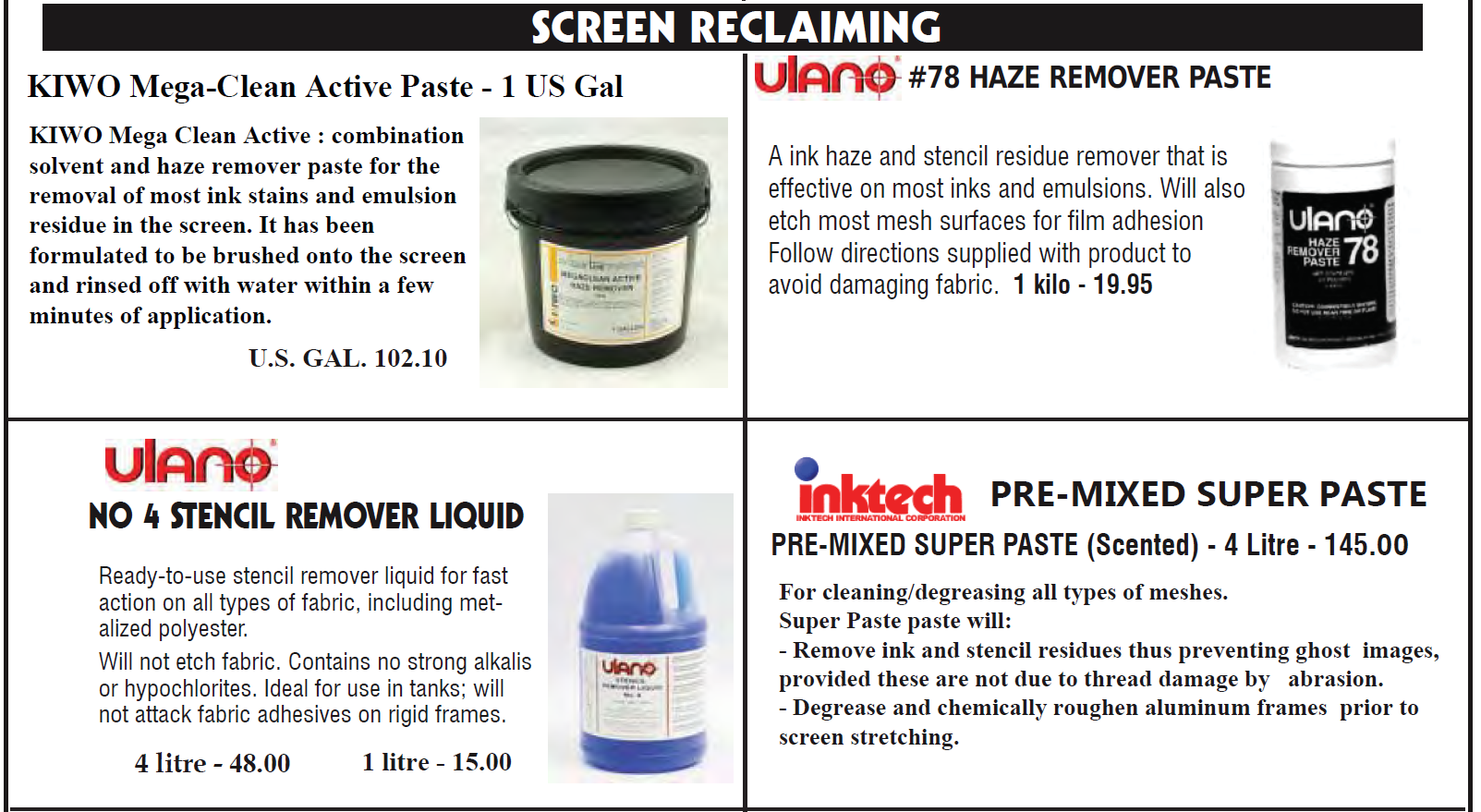 Screen reclaiming May 2022 - Screen Emulsion and Stencil Removers