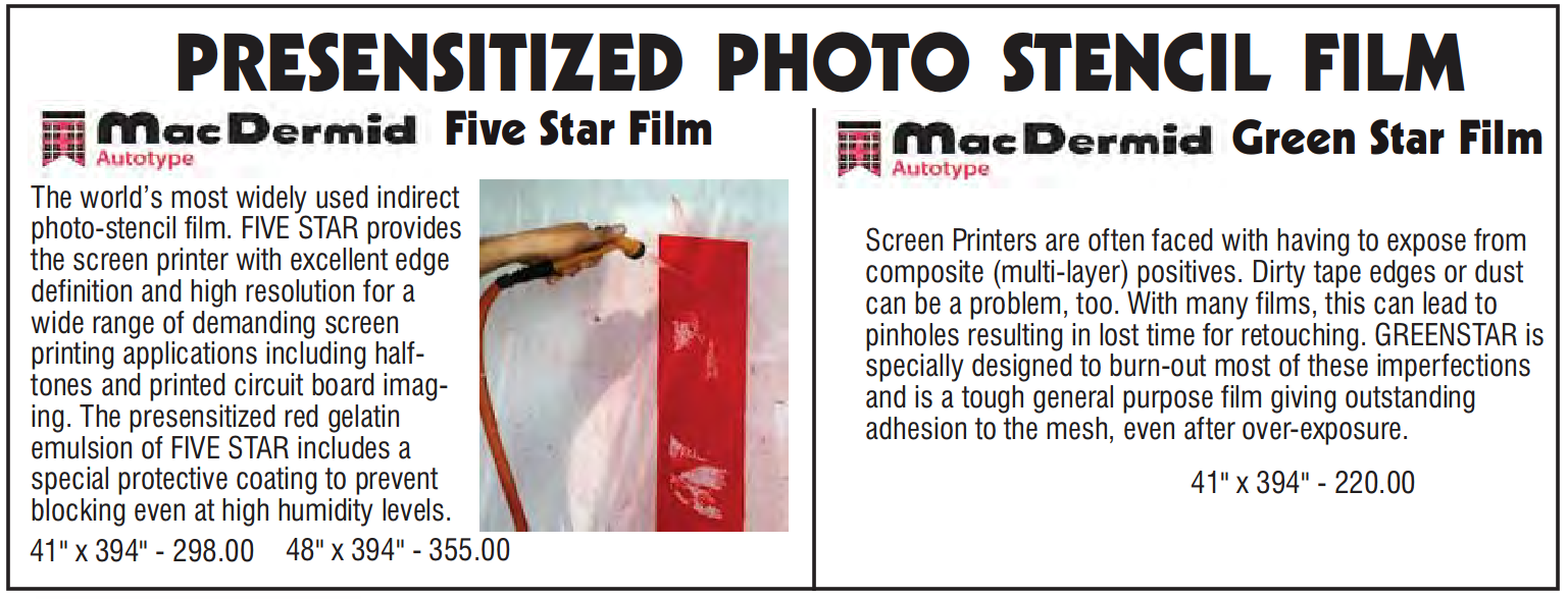five star and green star descrip. prices - Indirect Screen Stencil Films