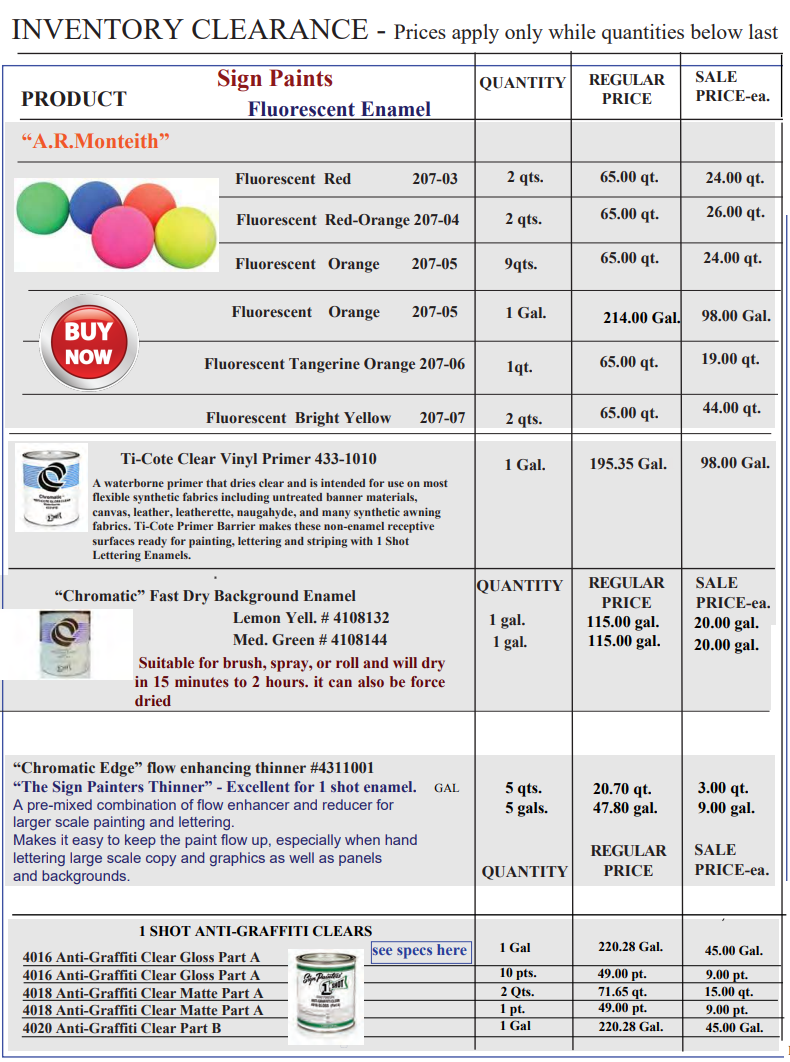 Sign paints - INVENTORY CLEARANCE-SIGN PAINTS